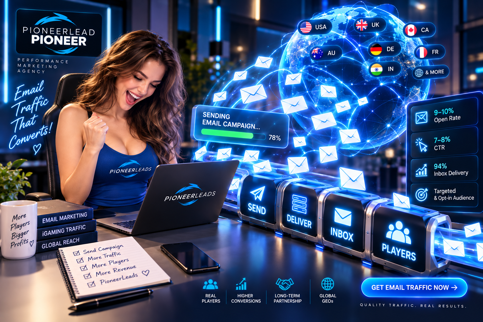 PioneerLeads targeted email and iGaming traffic campaign
