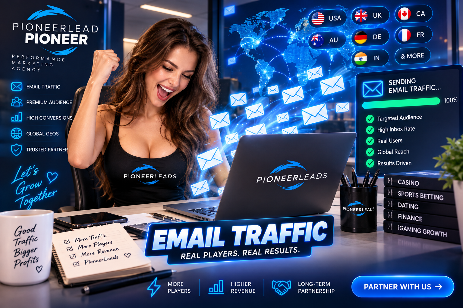 PioneerLeads email traffic campaign with global GEO targeting and targeted audiences